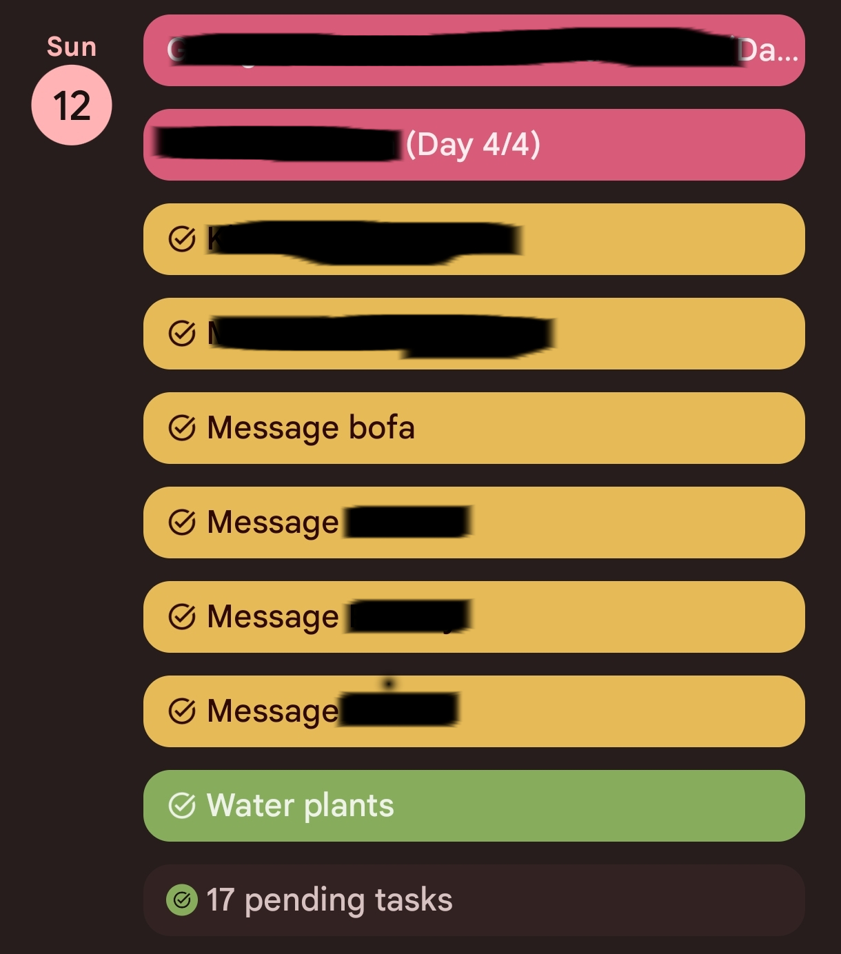 Google Calendar day view showing folk tasks highlighted in yellow among other events