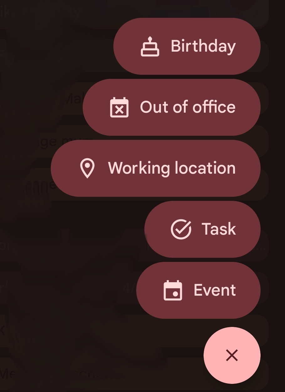 Google Calendar new item menu showing options including Task